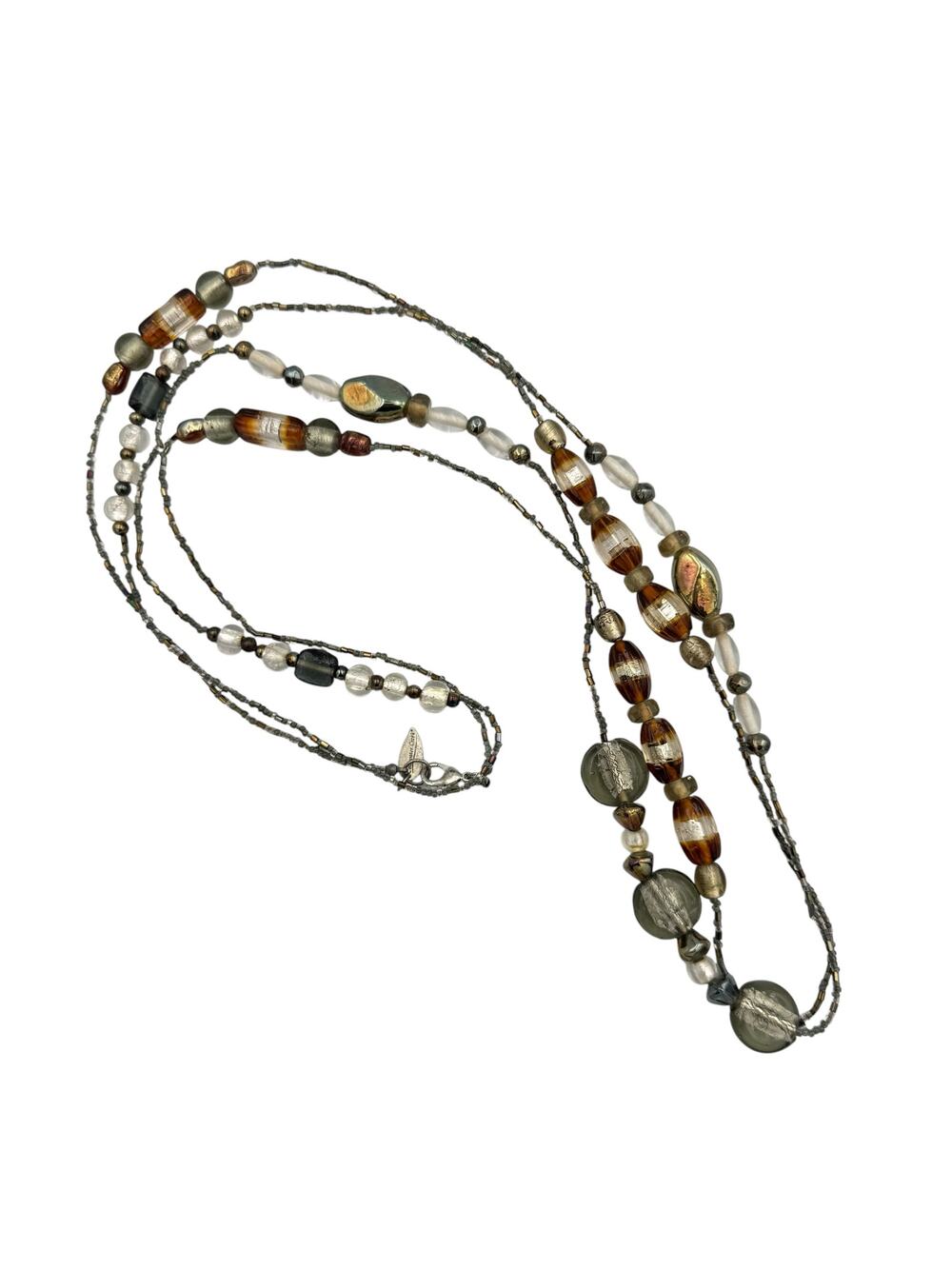 Coldwater Creek Brown Neutral Multi Shape Beads Seed Bead Layering Long Necklace